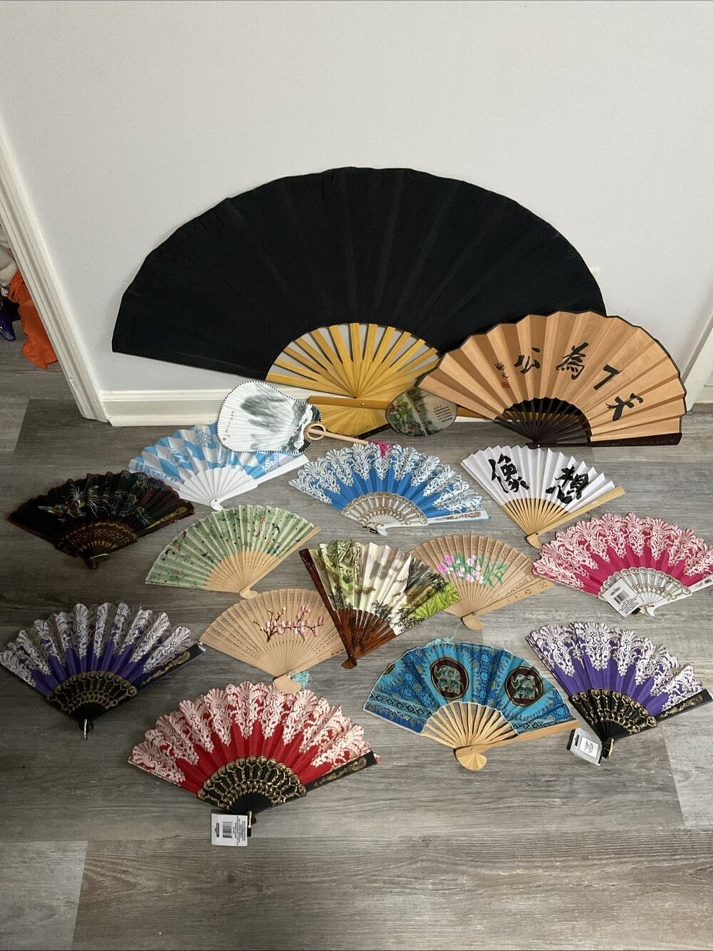 Lot 17 Vintage Fabric & Paper Hand Fans Repros & Originals Largest Fan 24 IN